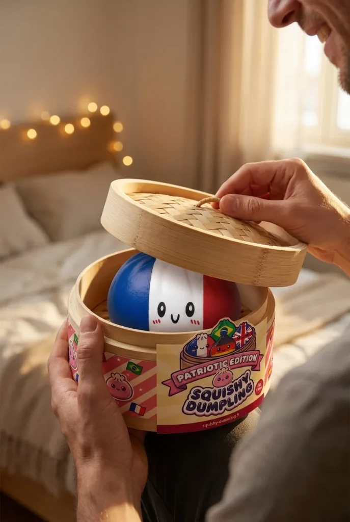 France Flag Squishy Dumpling Blå Vit Röd i unboxing-ögonblicket