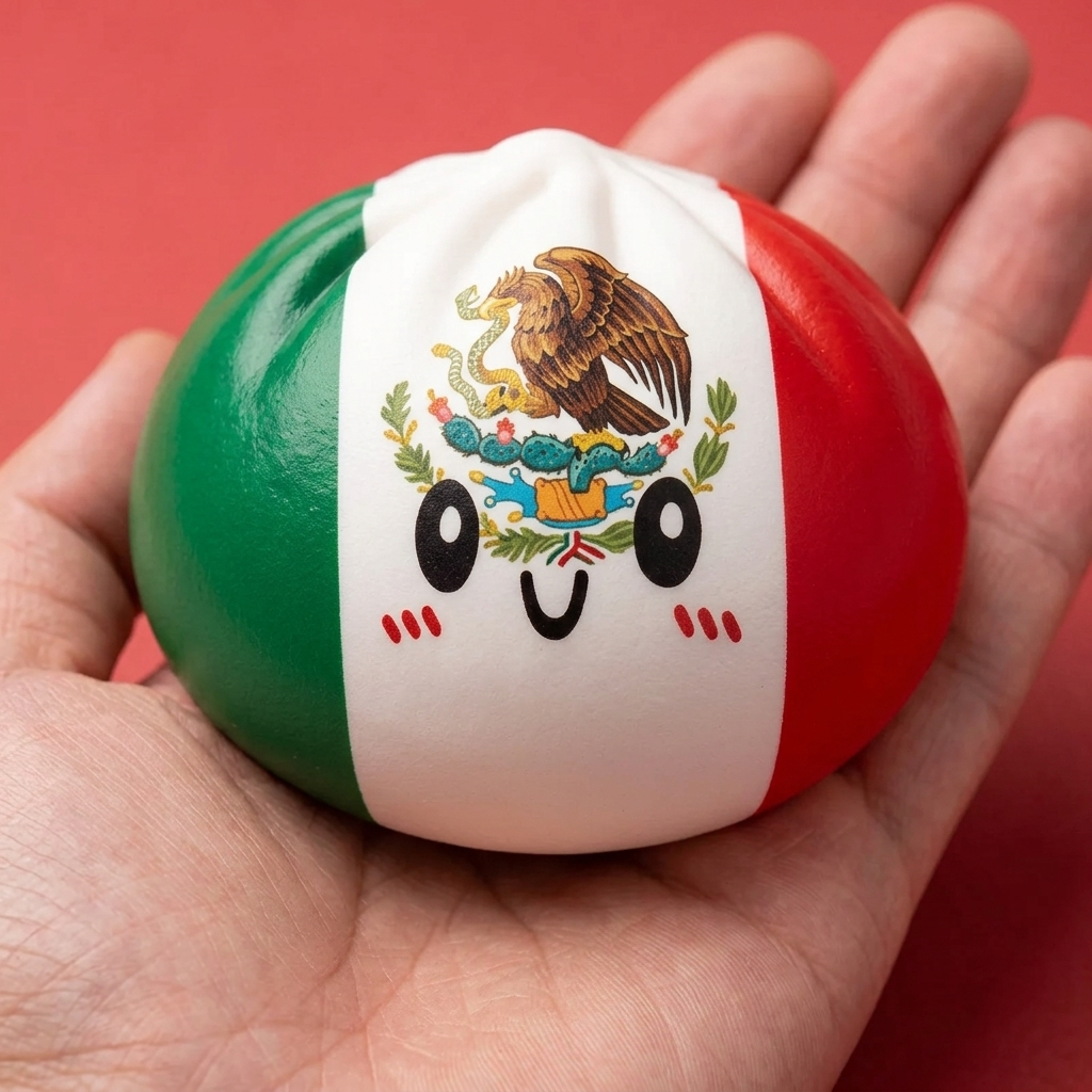 Flag Squishy Dumpling Mexiko i handen, verklig storlek