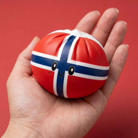 Flag Squishy Dumpling Norge i handen, verklig storlek