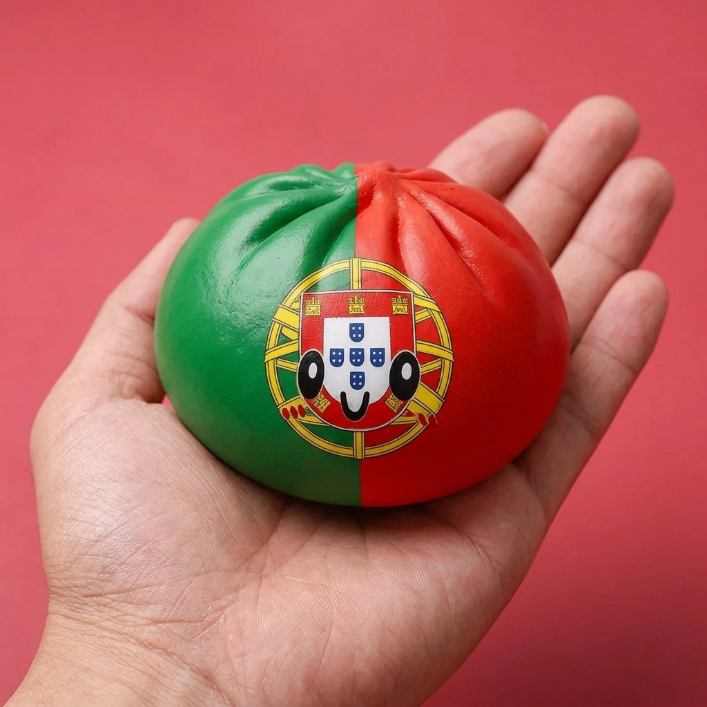 Squishy Dumpling Portugal Flaggmotiv i handen, verklig storlek