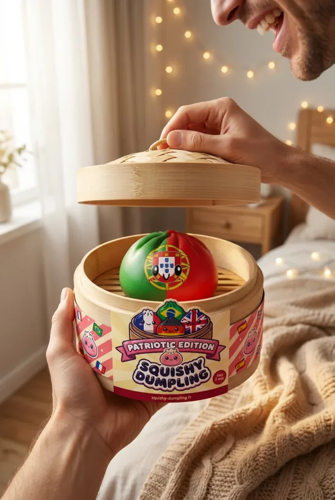 Squishy Dumpling Portugal Flaggmotiv i unboxing-ögonblicket