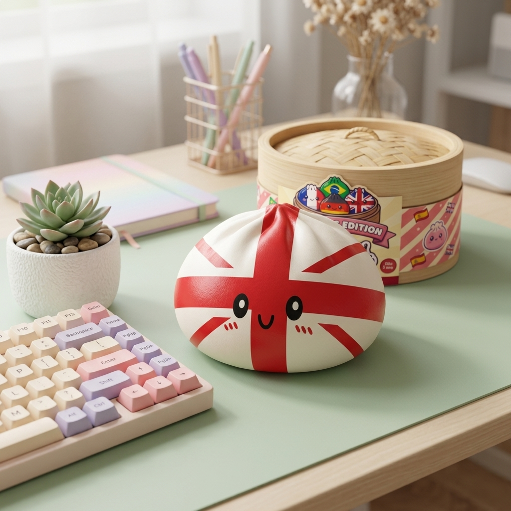 Flag Squishy Toy Storbritannien Dumpling i sin kawaii-miljö