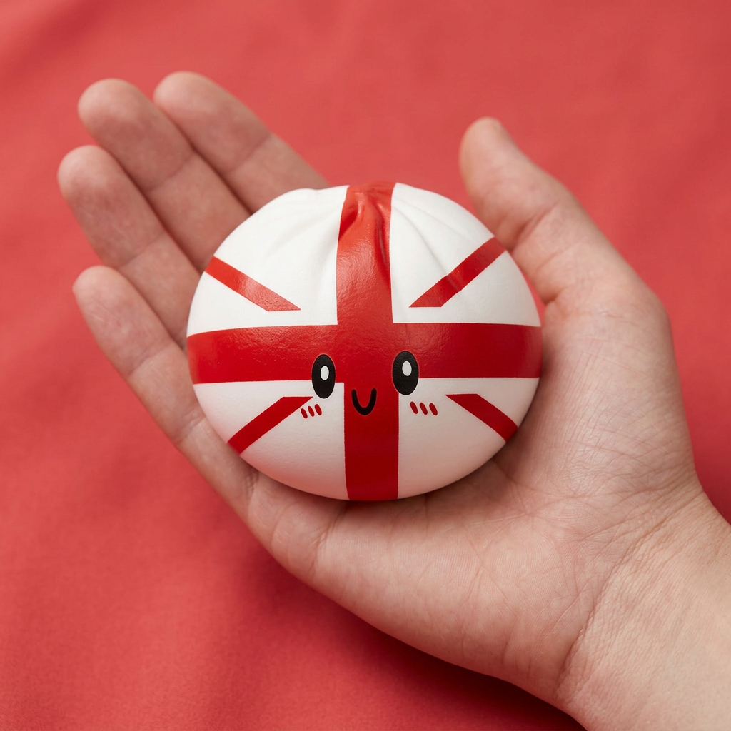 Flag Squishy Toy Storbritannien Dumpling i handen, verklig storlek