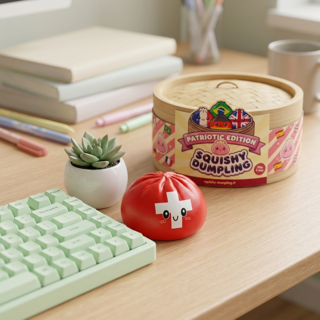 Flag Squishy Toy Schweiz Dumpling i sin kawaii-miljö