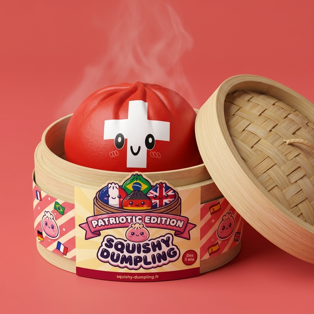 Flag Squishy Toy Schweiz Dumpling i sin bambu-ångkorg