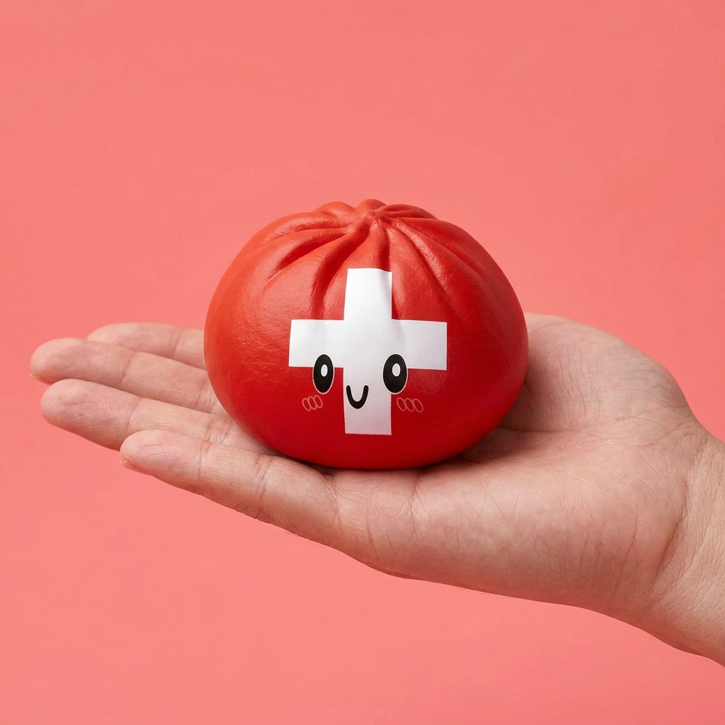 Flag Squishy Toy Schweiz Dumpling i handen, verklig storlek