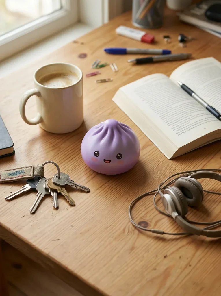 Dumpling Squishy Mystery Surprise Plysch på skrivbordet