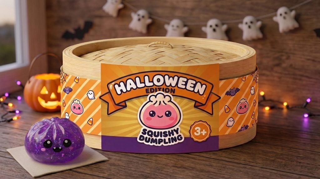 Vampire Glitter Dumpling Squishy Halloween Lila i sin kawaii-miljö