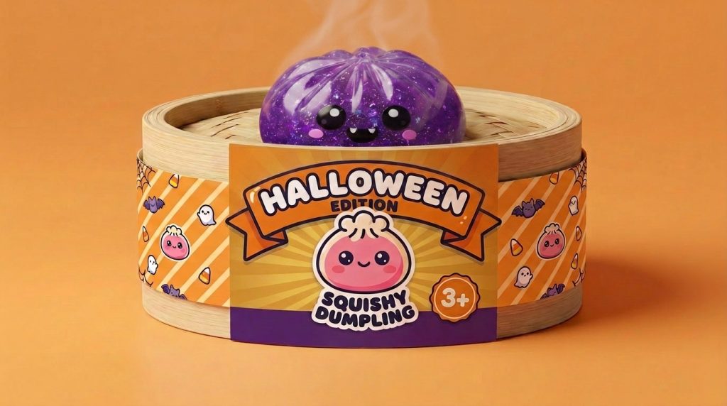 Vampire Glitter Dumpling Squishy Halloween Lila i sin bambu-ångkorg