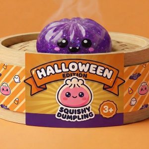Vampire Glitter Dumpling Squishy Halloween Lila i sin bambu-ångkorg