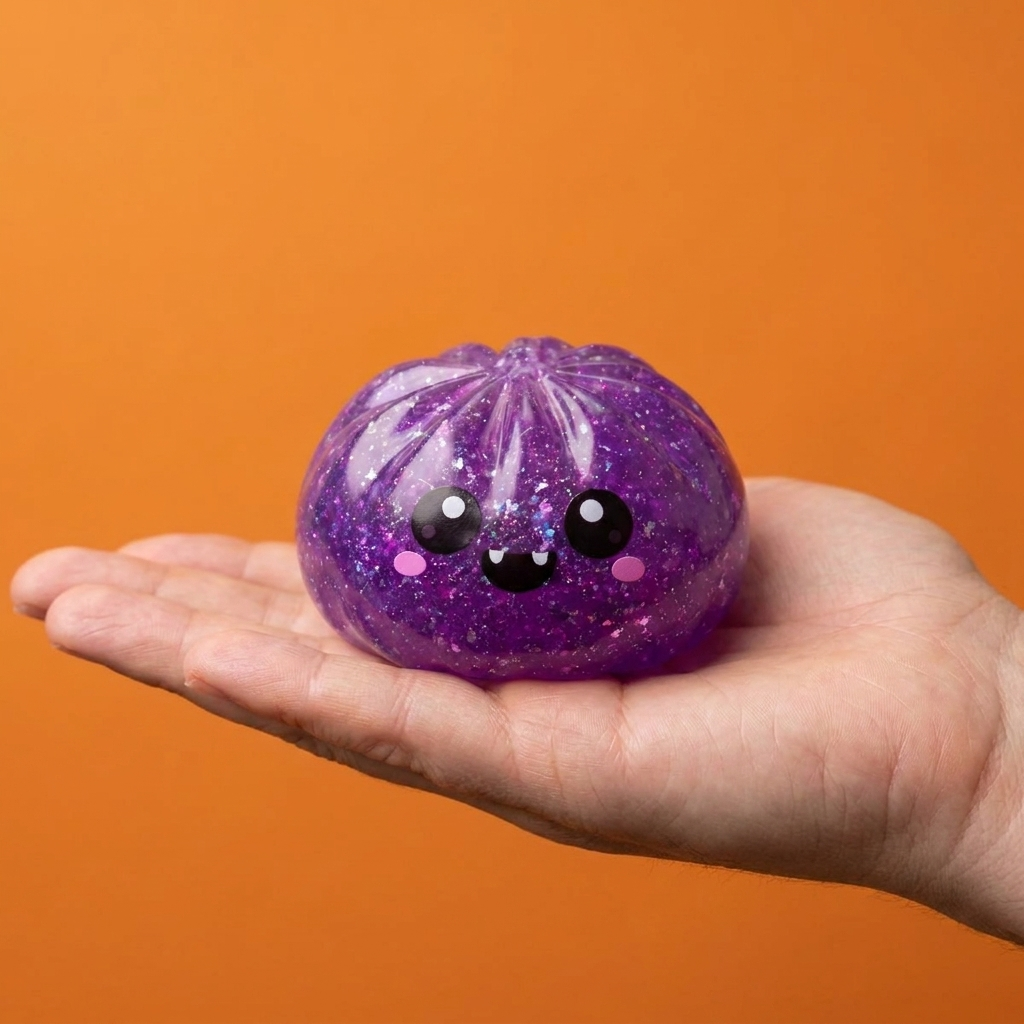 Vampire Glitter Dumpling Squishy Halloween Lila i handen, verklig storlek