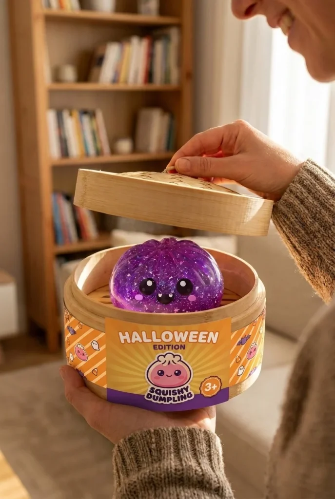 Vampire Glitter Dumpling Squishy Halloween Lila i unboxing-ögonblicket