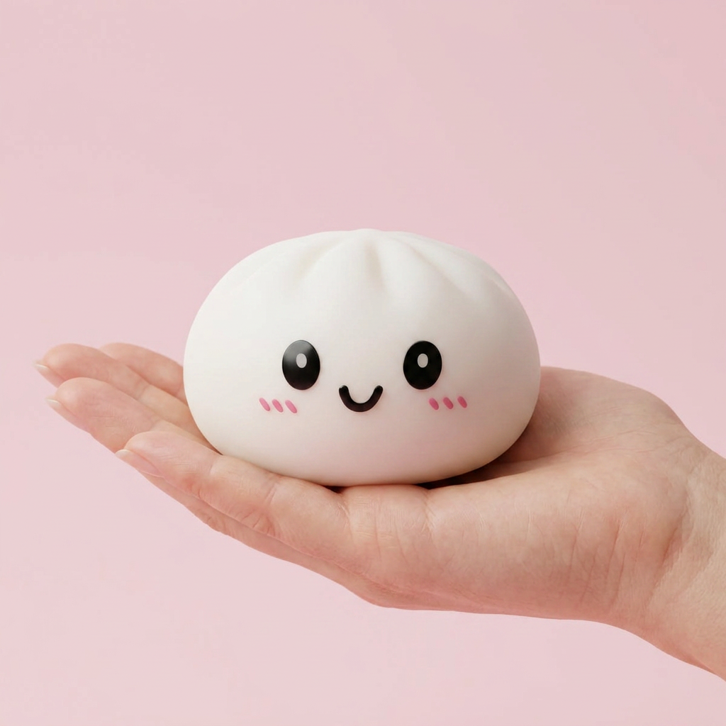 Dumpling Squishy Snövit i handen, verklig storlek