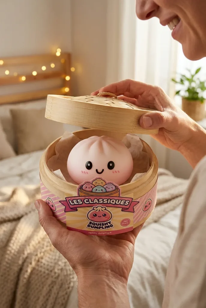 Dumpling Squishy Snövit i unboxing-ögonblicket