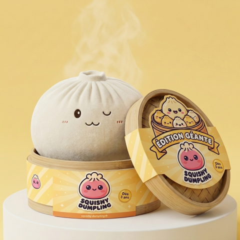 Dumplings Squishy Toy Vit XXL i sin bambu-ångkorg