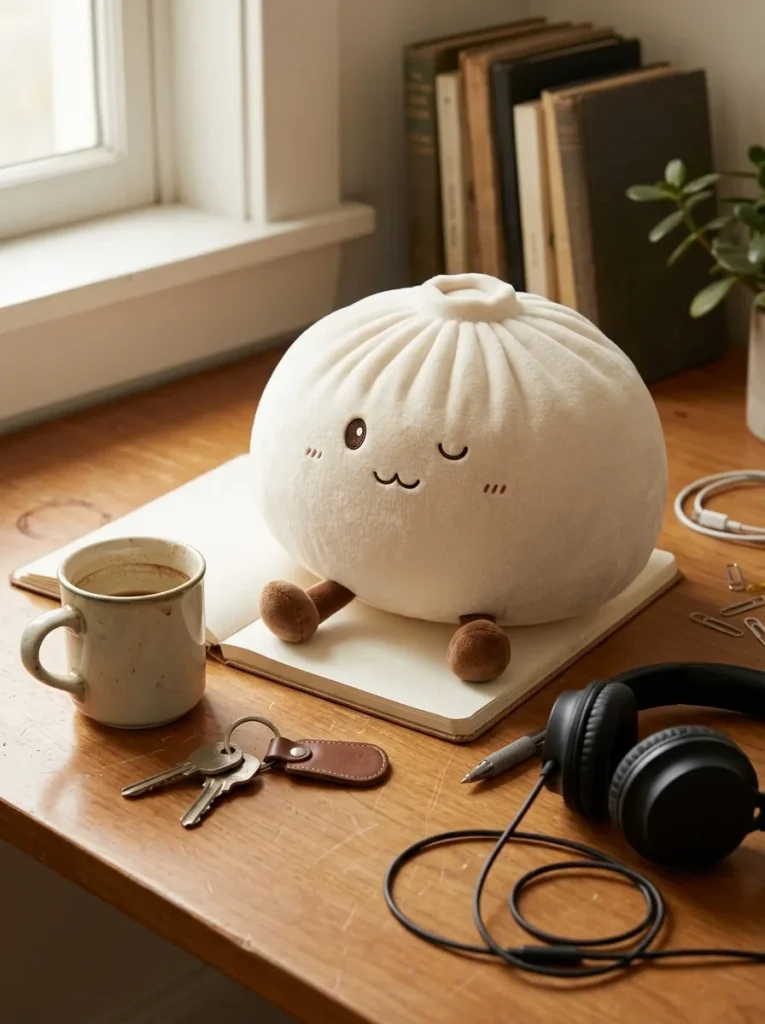 Dumplings Squishy Toy Vit XXL på skrivbordet