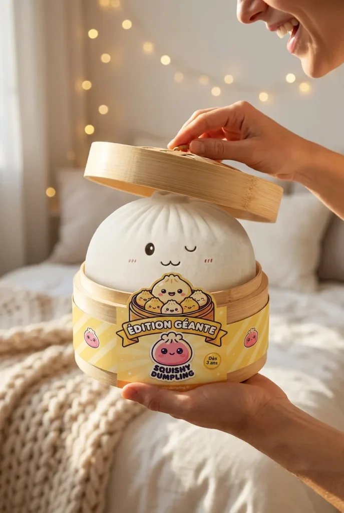 Dumplings Squishy Toy Vit XXL i unboxing-ögonblicket
