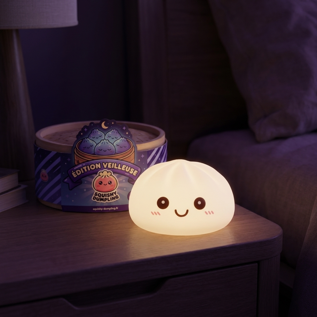 Dumpling Squishy Nattlampa Vit Måne i sin kawaii-miljö