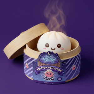 Dumpling Squishy Nattlampa Vit Måne i sin bambu-ångkorg