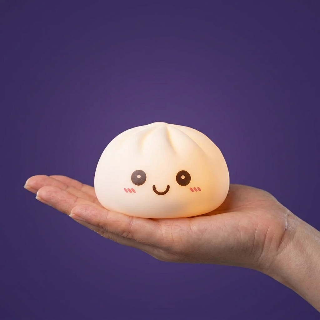 Dumpling Squishy Nattlampa Vit Måne i handen, verklig storlek