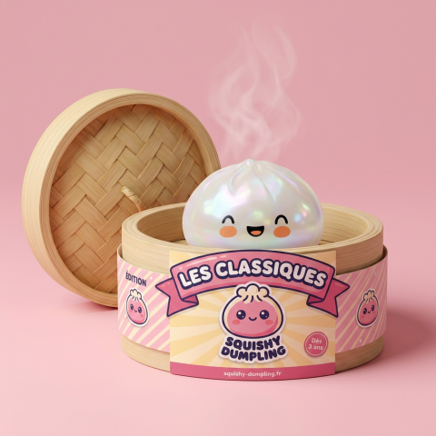 Dumpling Squishy Vit Moln Unik i sin bambu-ångkorg