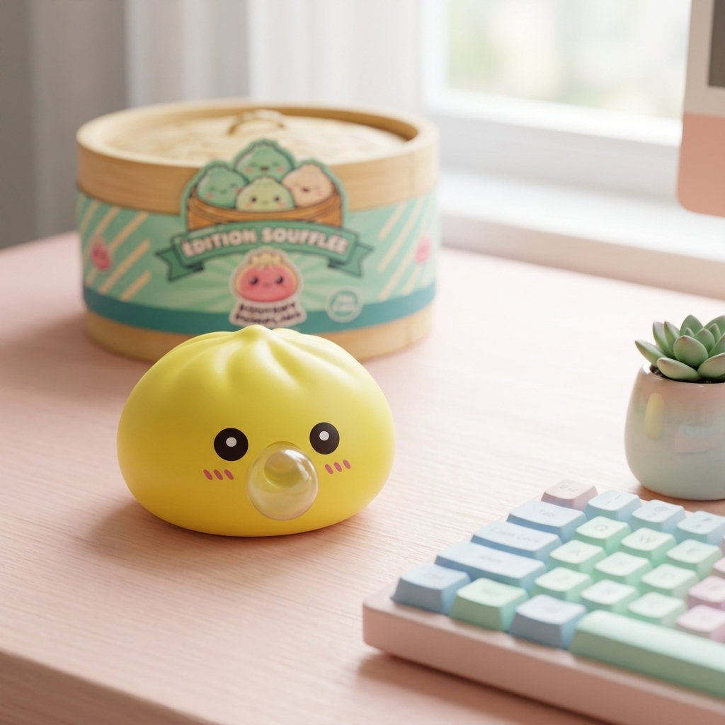 Jumbo Dumpling Squishy Gul XXL i sin kawaii-miljö