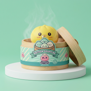 Jumbo Dumpling Squishy Gul XXL i sin bambu-ångkorg