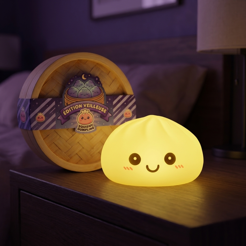 Solgul Dumpling Squishy Nattlampa i sin kawaii-miljö
