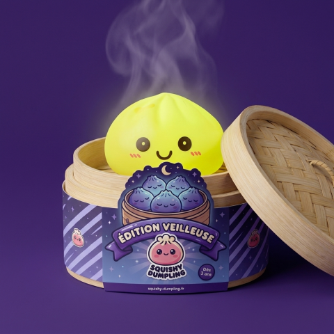 Solgul Dumpling Squishy Nattlampa i sin bambu-ångkorg