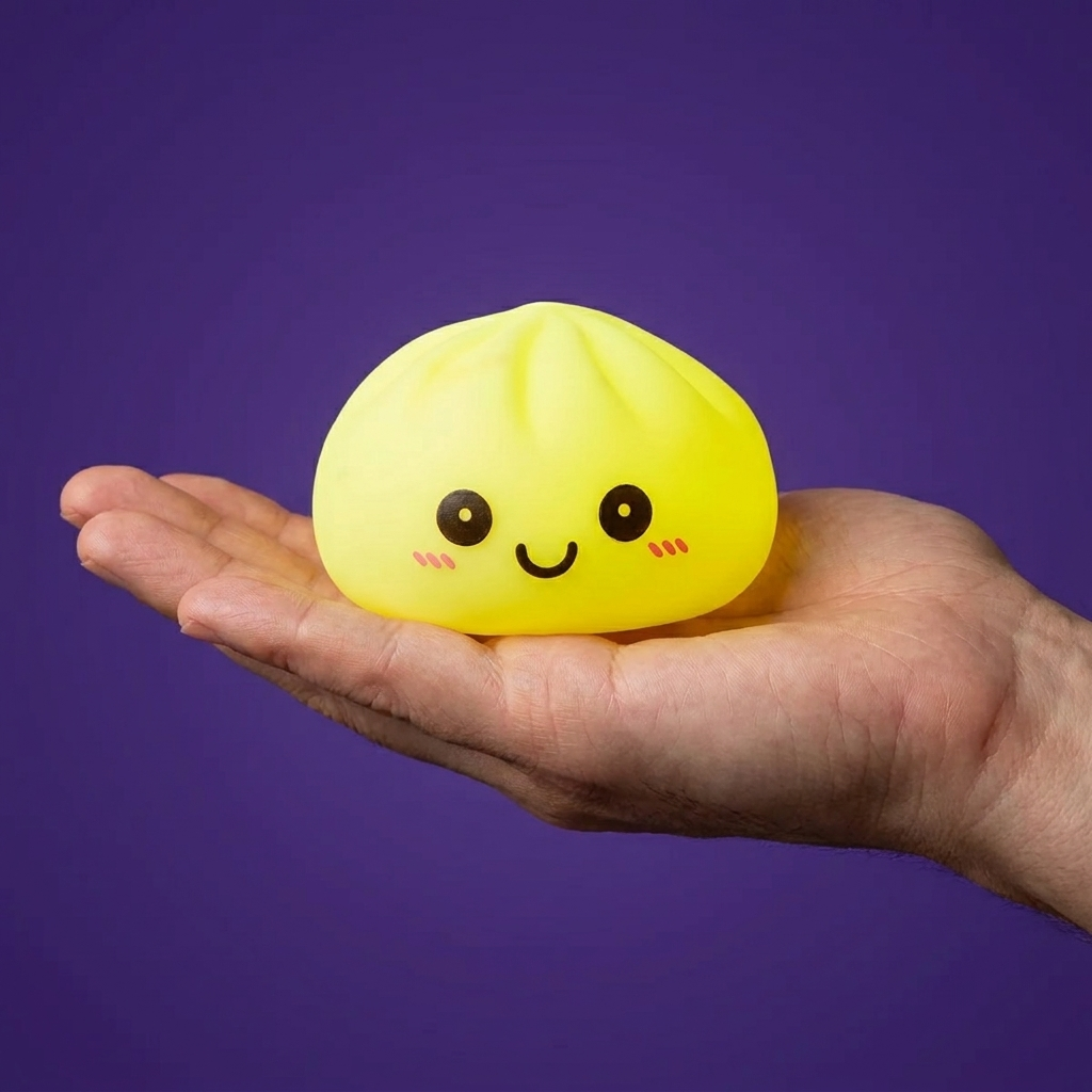 Solgul Dumpling Squishy Nattlampa i handen, verklig storlek