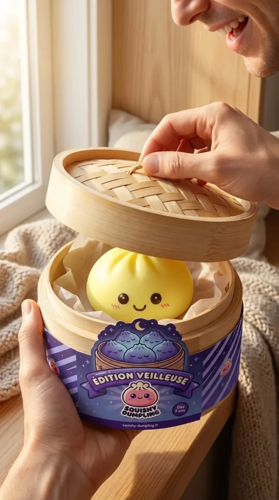 Solgul Dumpling Squishy Nattlampa i unboxing-ögonblicket
