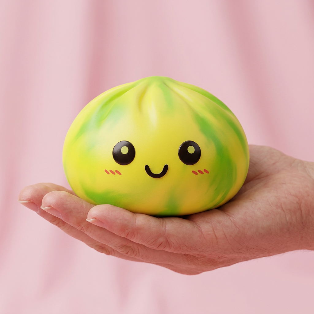 Squishy Dumpling Tie Dye Gul i handen, verklig storlek