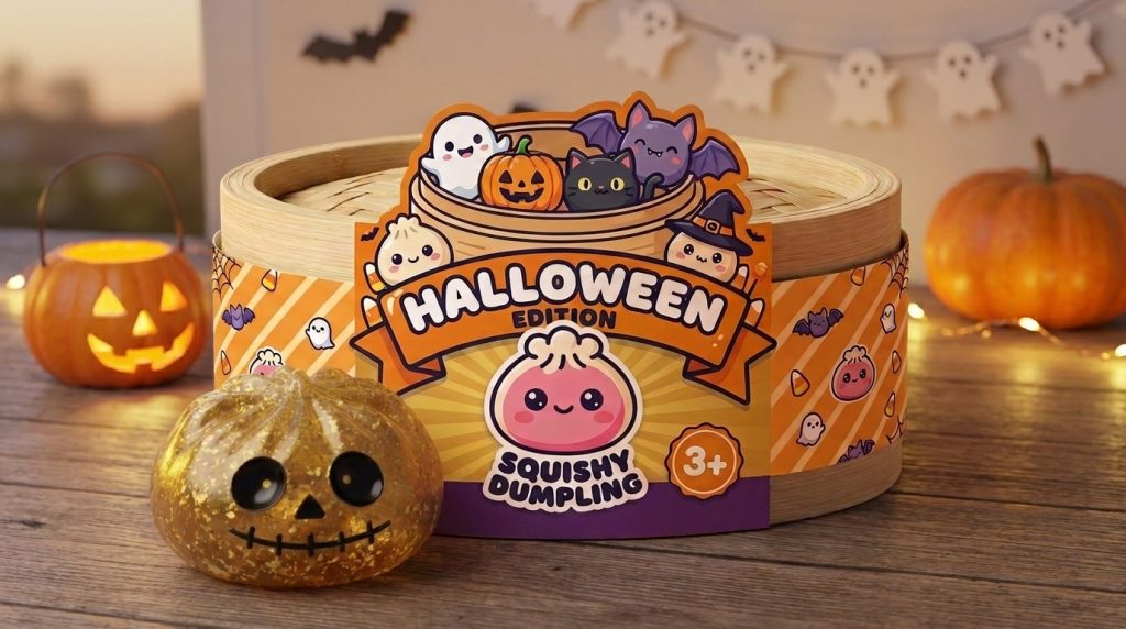 Dumpling Squishy Zombie Halloween Glitter Guld i sin kawaii-miljö