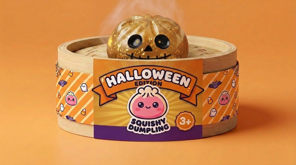 Dumpling Squishy Zombie Halloween Glitter Guld i sin bambu-ångkorg
