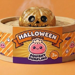 Dumpling Squishy Zombie Halloween Glitter Guld i sin bambu-ångkorg