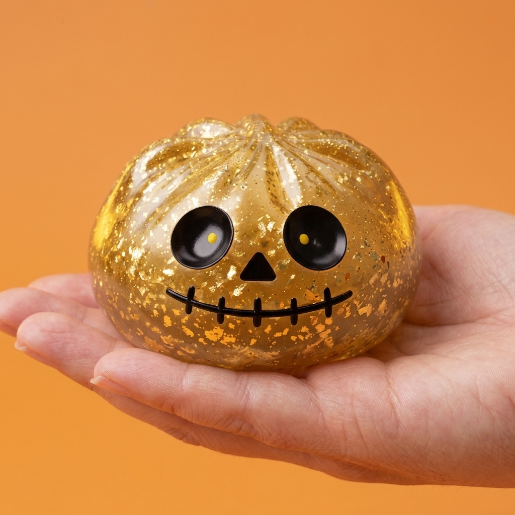 Dumpling Squishy Zombie Halloween Glitter Guld i handen, verklig storlek