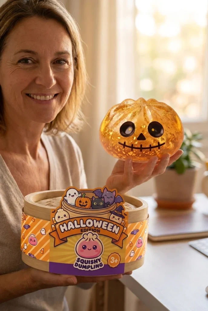Dumpling Squishy Zombie Halloween Glitter Guld med sin ask