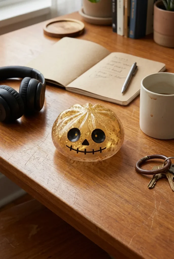Dumpling Squishy Zombie Halloween Glitter Guld på skrivbordet