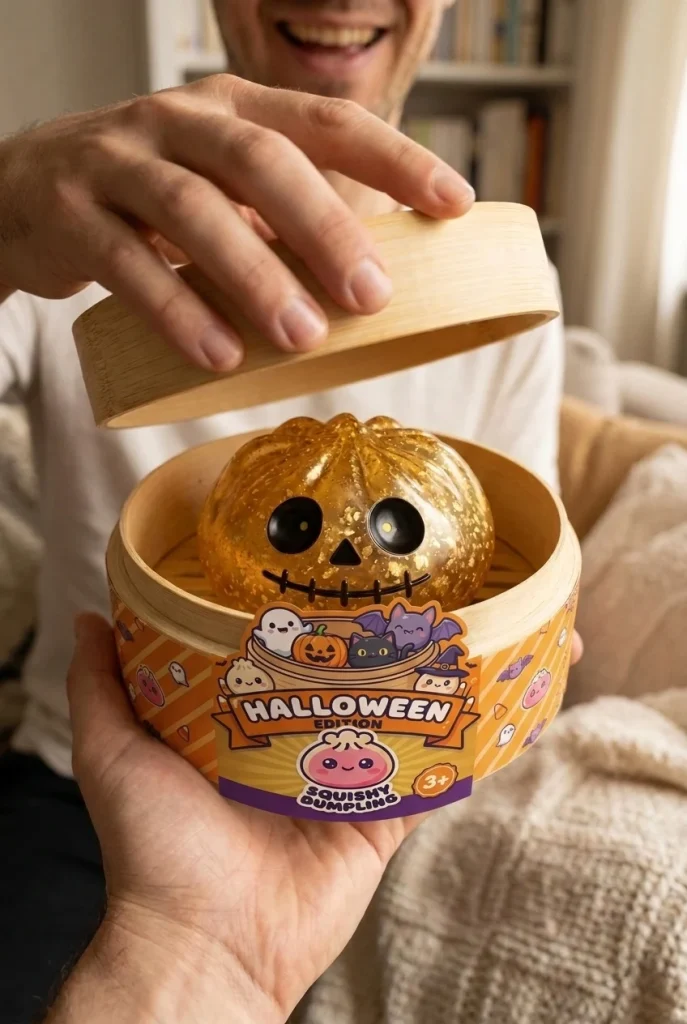 Dumpling Squishy Zombie Halloween Glitter Guld i unboxing-ögonblicket