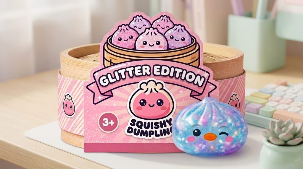 Squishy Dumpling Pingvin Blå Galaxy i sin kawaii-miljö