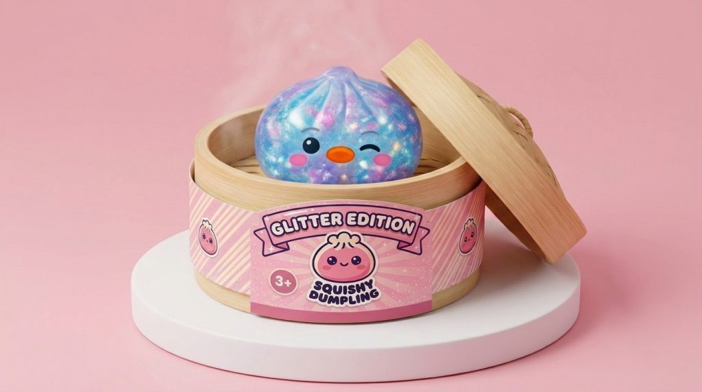 Squishy Dumpling Pingvin Blå Galaxy i sin bambu-ångkorg