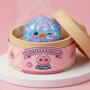 Squishy Dumpling Pingvin Blå Galaxy i sin bambu-ångkorg