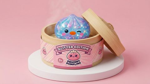 Squishy Dumpling Pingvin Blå Galaxy i sin bambu-ångkorg
