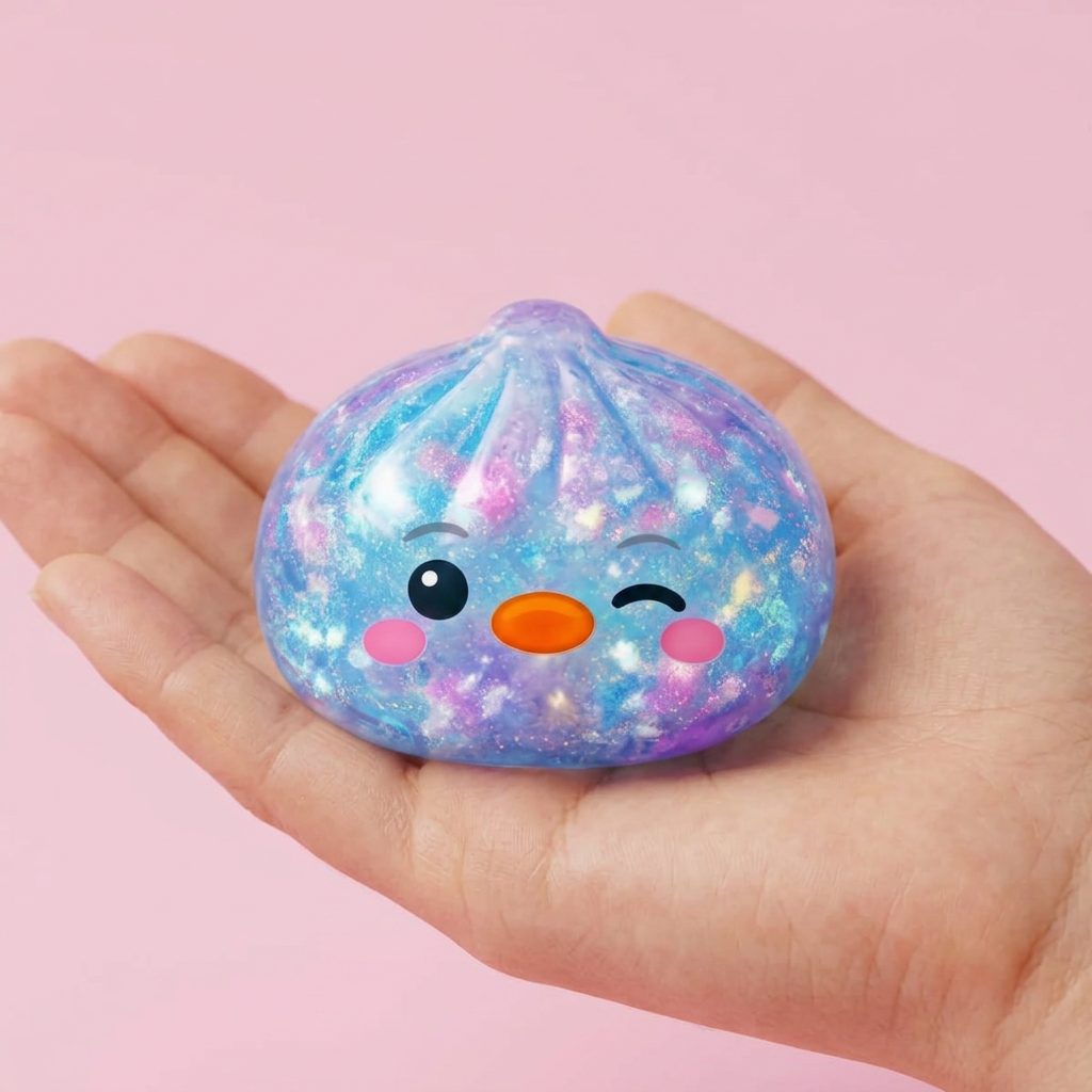 Squishy Dumpling Pingvin Blå Galaxy i handen, verklig storlek