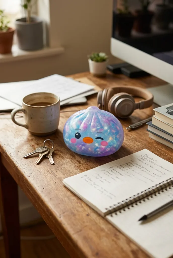 Squishy Dumpling Pingvin Blå Galaxy på skrivbordet