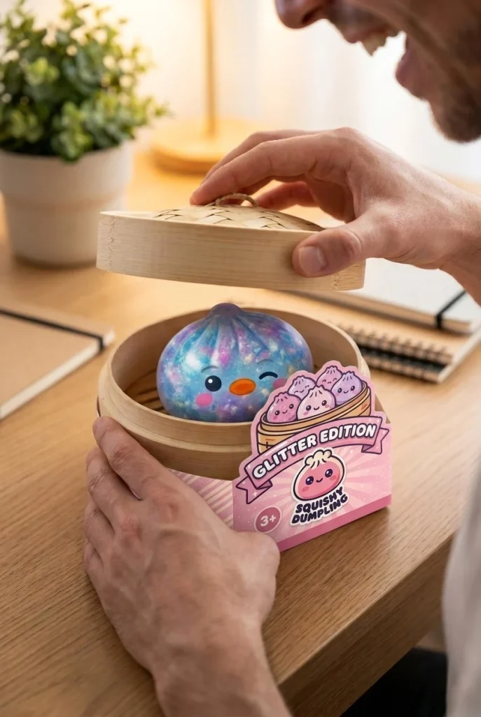 Squishy Dumpling Pingvin Blå Galaxy i unboxing-ögonblicket