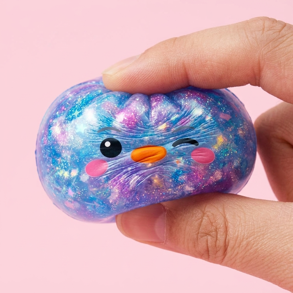 Squishy Dumpling Pingvin Blå Galaxy — slow-rise-effekt, skummet återtar långsamt sin form