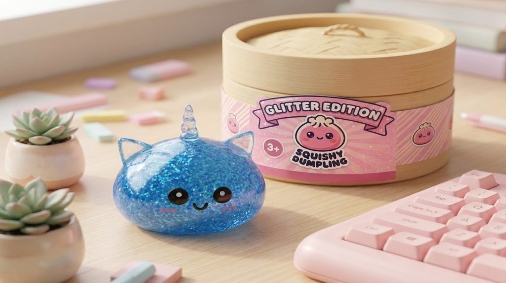 Unicorn Dumpling Squishy Glitter Blå i sin kawaii-miljö
