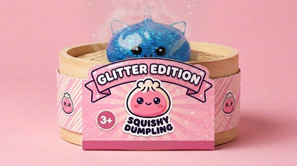 Unicorn Dumpling Squishy Glitter Blå i sin bambu-ångkorg
