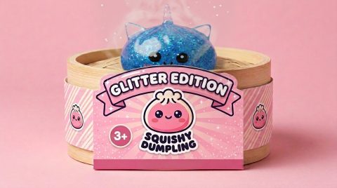 Unicorn Dumpling Squishy Glitter Blå i sin bambu-ångkorg
